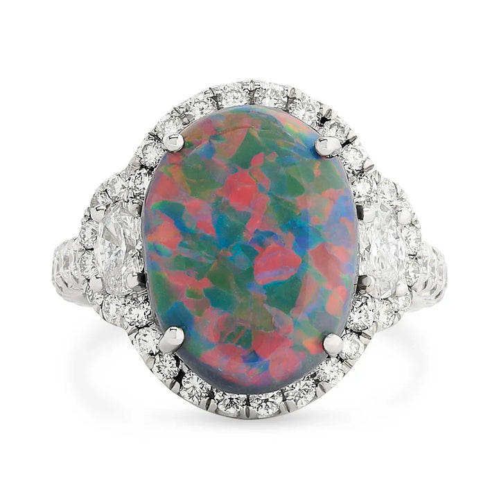 Modern 1990's Fine Black Opal and Diamond 18K White Gold Ring (GIA report)