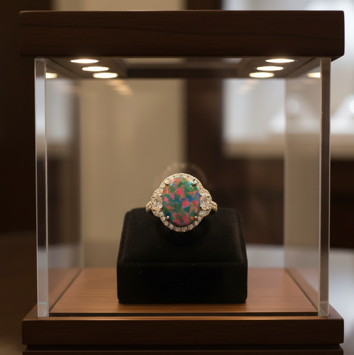 Modern 1990's Fine Black Opal and Diamond 18K White Gold Ring (GIA report)