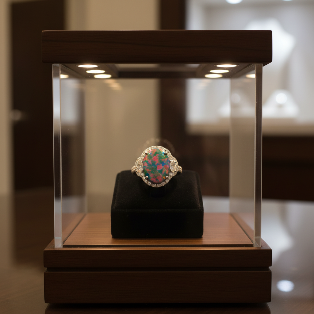 Modern 1990's Fine Black Opal and Diamond 18K White Gold Ring (GIA report)