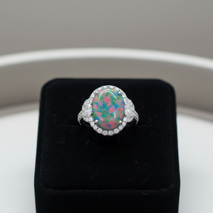 Modern 1990's Fine Black Opal and Diamond 18K White Gold Ring (GIA report)