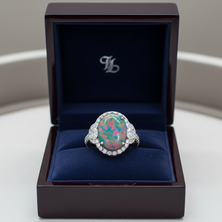 Modern 1990's Fine Black Opal and Diamond 18K White Gold Ring (GIA report)