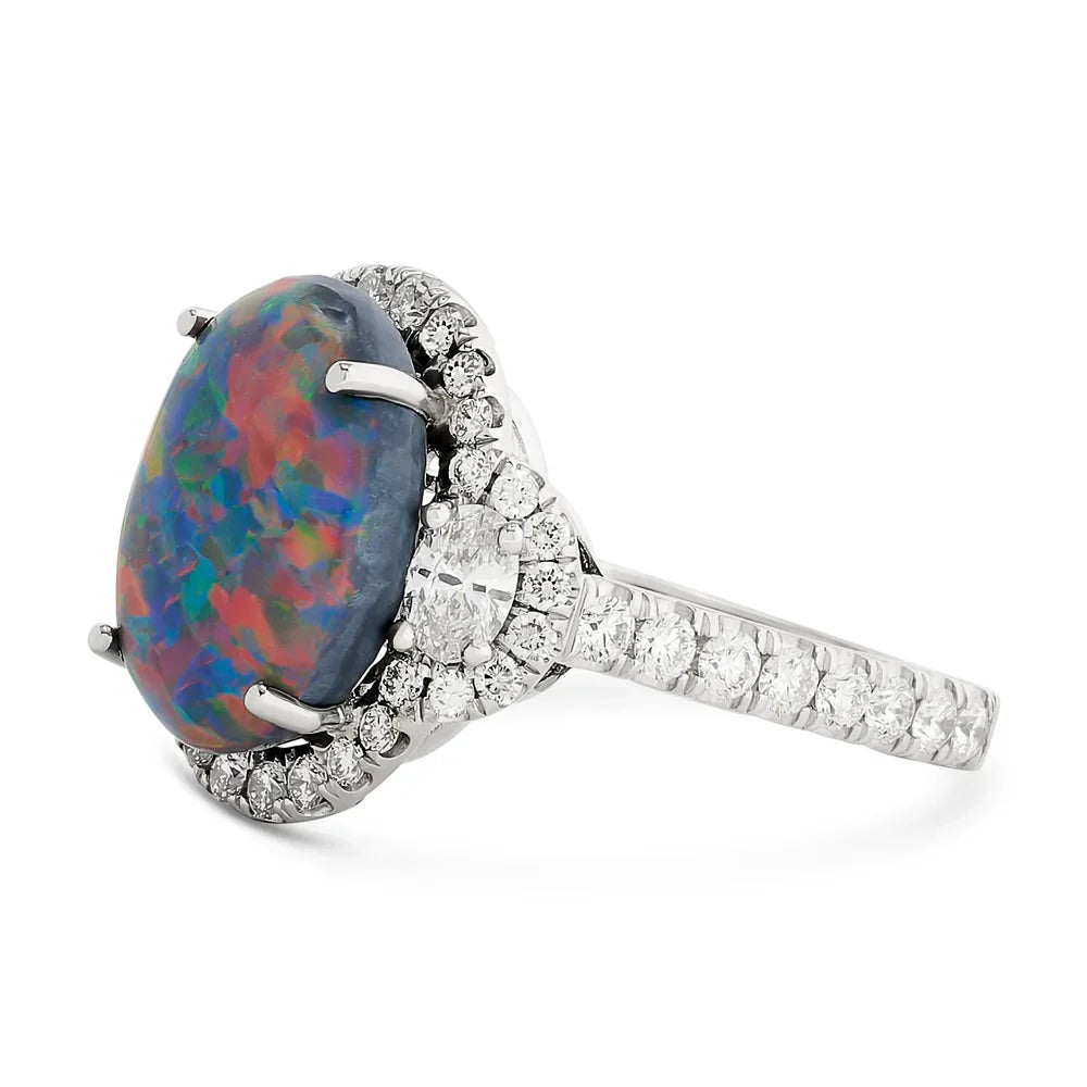 Modern 1990's Fine Black Opal and Diamond 18K White Gold Ring (GIA report)