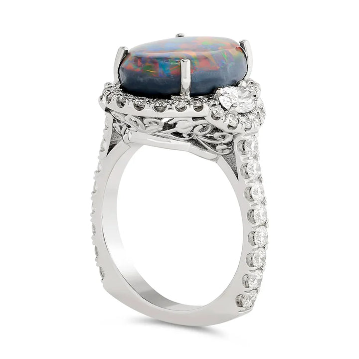 Modern 1990's Fine Black Opal and Diamond 18K White Gold Ring (GIA report)