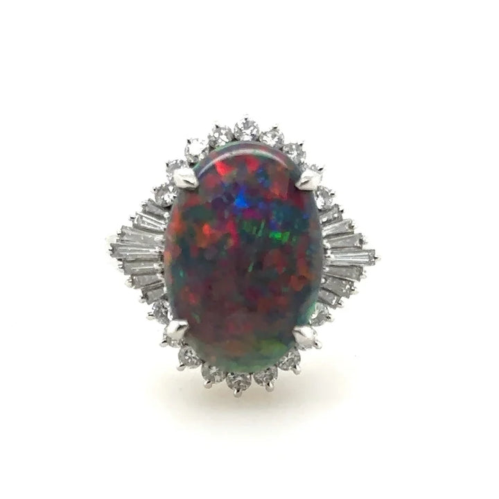Modern 1990's Fine Black Opal and Diamond Ring