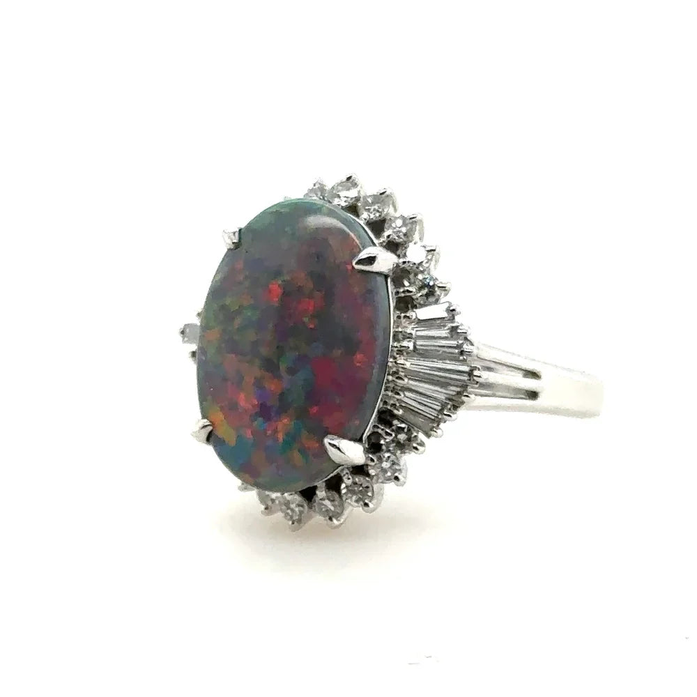 Modern 1990's Fine Black Opal and Diamond Ring