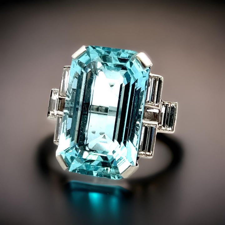 Circa 1940's 26.00 ct Aquamarine and Diamond Platinum Ring