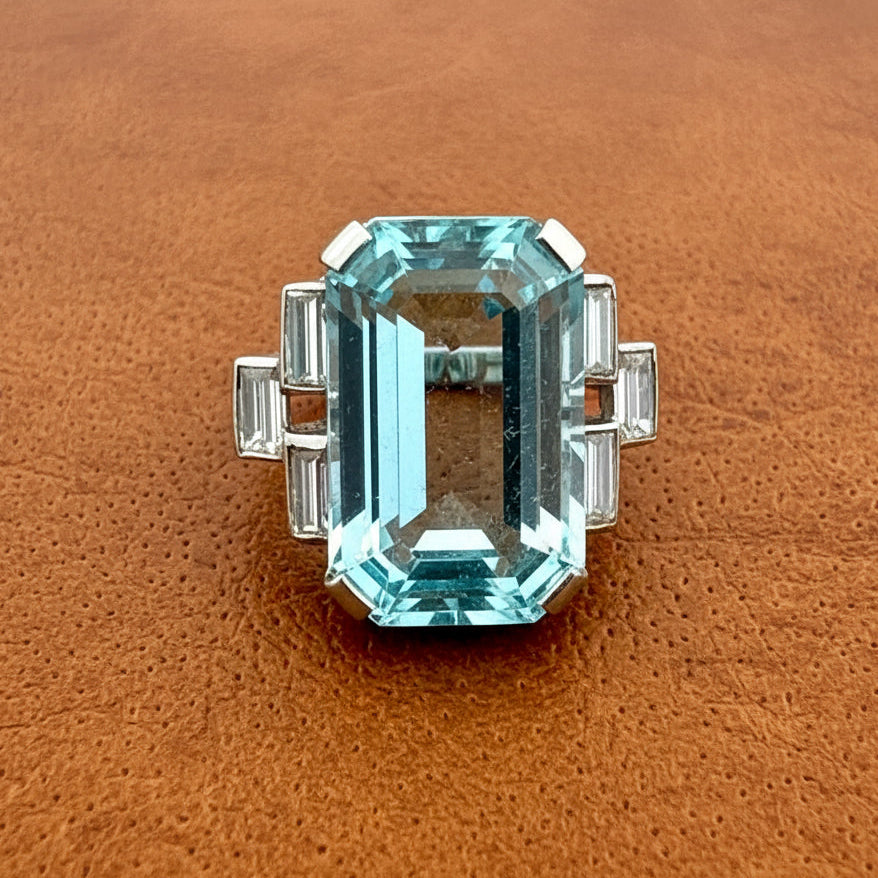Circa 1940's 26.00 ct Aquamarine and Diamond Platinum Ring