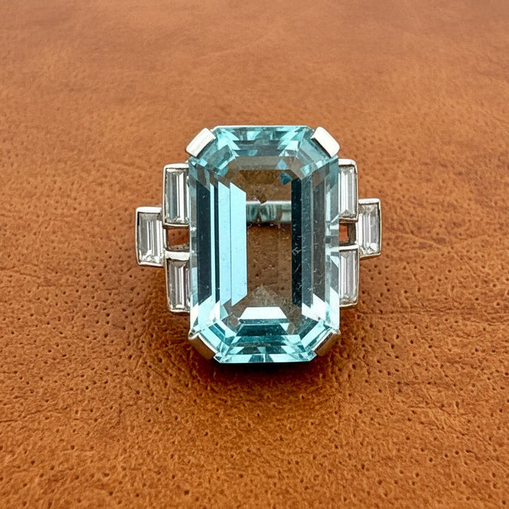 Circa 1940's 26.00 ct Aquamarine and Diamond Platinum Ring