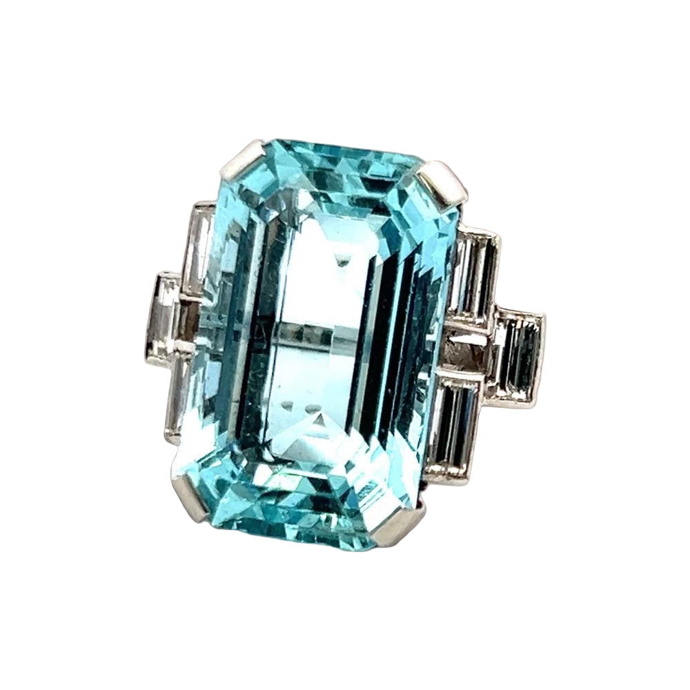 Circa 1940's 26.00 ct Aquamarine and Diamond Platinum Ring