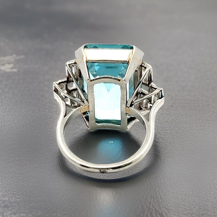 Circa 1940's 26.00 ct Aquamarine and Diamond Platinum Ring