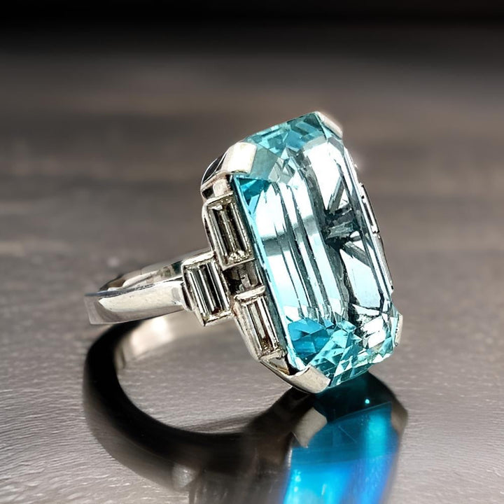 Circa 1940's 26.00 ct Aquamarine and Diamond Platinum Ring