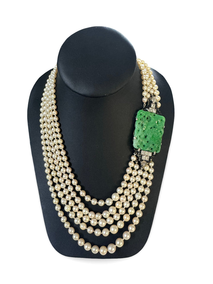 English 1925 Carved Jade, Onyx and Diamond, Multi Strand Cultured Pearl Necklace