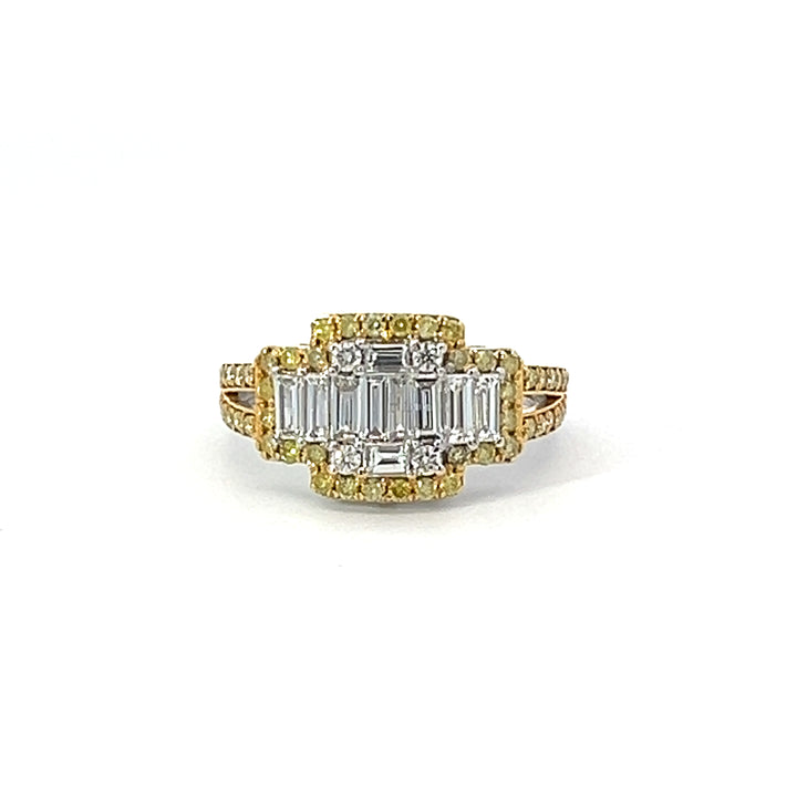 Fancy Yellow and White Natural Cluster Illusion Set Diamond Ring
