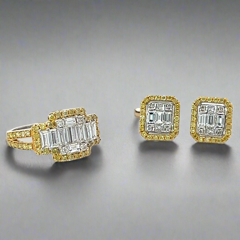 Fancy Yellow Diamond Cluster Illusion Setting and 18K White Gold Earrings