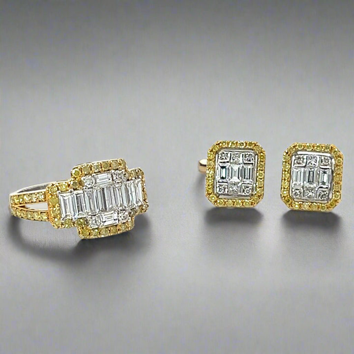 Fancy Yellow Diamond Cluster Illusion Setting and 18K White Gold Earrings