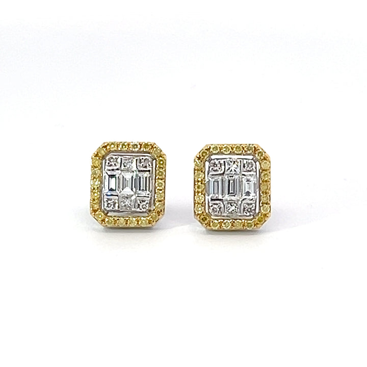 Fancy Yellow Diamond Cluster Illusion Setting and 18K White Gold Earrings