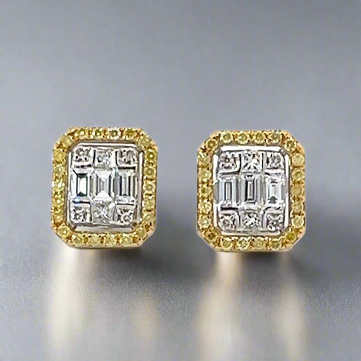 Fancy Yellow Diamond Cluster Illusion Setting and 18K White Gold Earrings