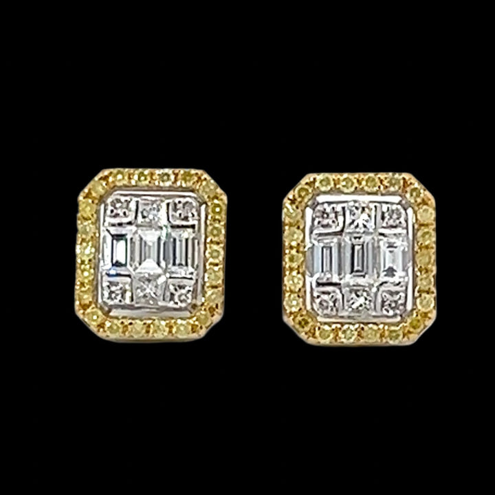 Fancy Yellow Diamond Cluster Illusion Setting and 18K White Gold Earrings