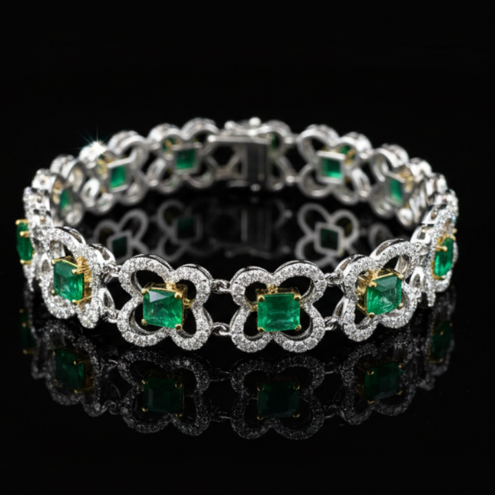 Designer AV Diamond and Emerald 18Kt Yellow and White Gold Bracelet