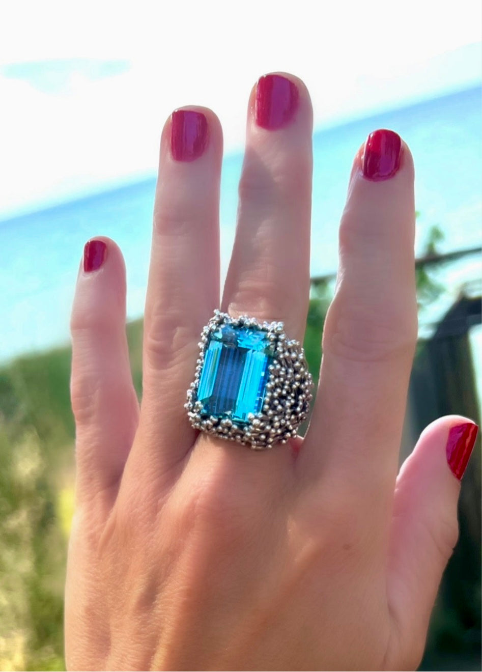 Custom Made Aquamarine and 18k White Gold Thistle Ring