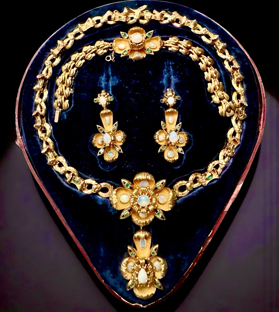 Victorian 1880's Emerald, Opal Suite in Original Box - Necklace, Pendant, Bracelet and Earrings 14Kt Yellow Gold