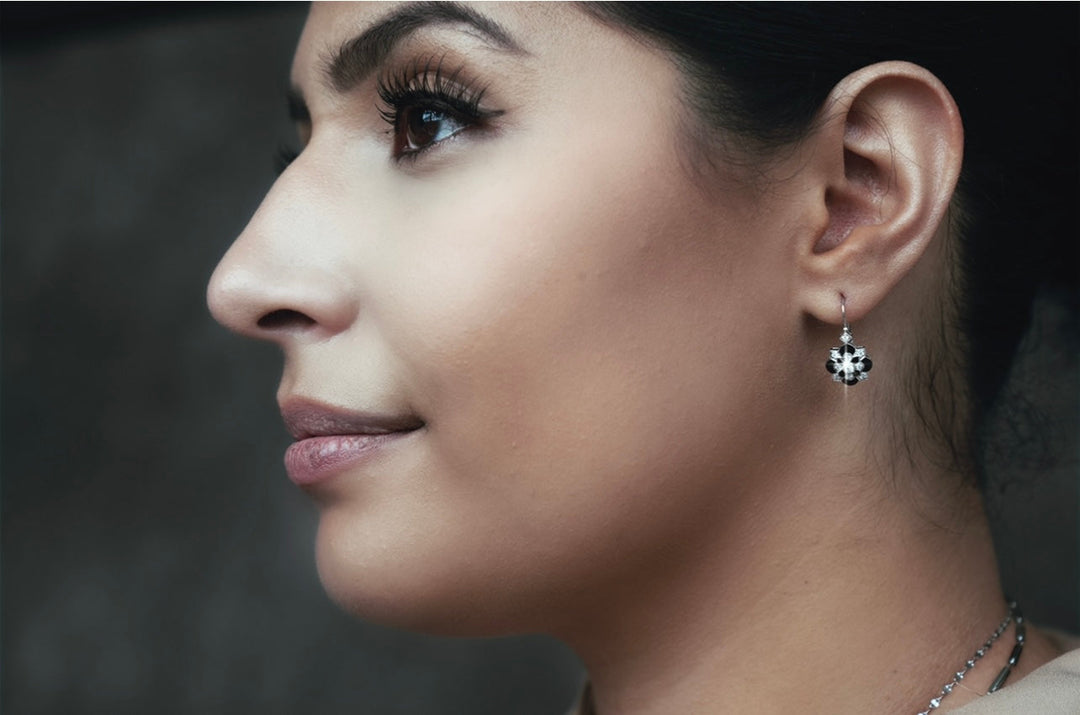 Diamond and Black Enamel Dangle 14K White Gold Earrings