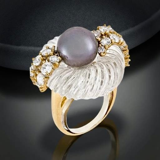 French Designer M. Gerard Rock Crystal, Tahitian Pearl and Diamond Ring, Necklace and Earring, 18K Yellow Gold Suite