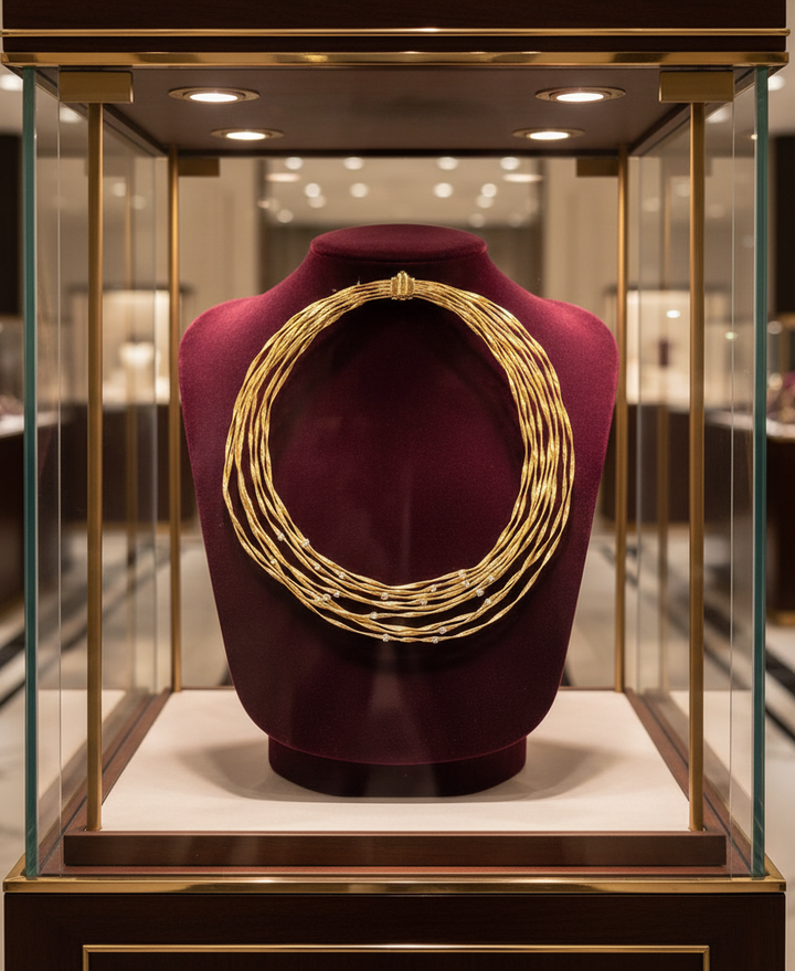 Italian Designer Marco Bicego "Marrakesh" 9 Strand 18K Yellow Gold and Diamond Necklace