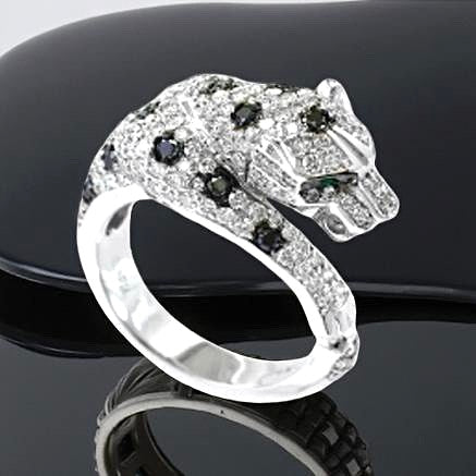 Effy White and Black Diamond, Emerald and 14K White Gold Panther Ring