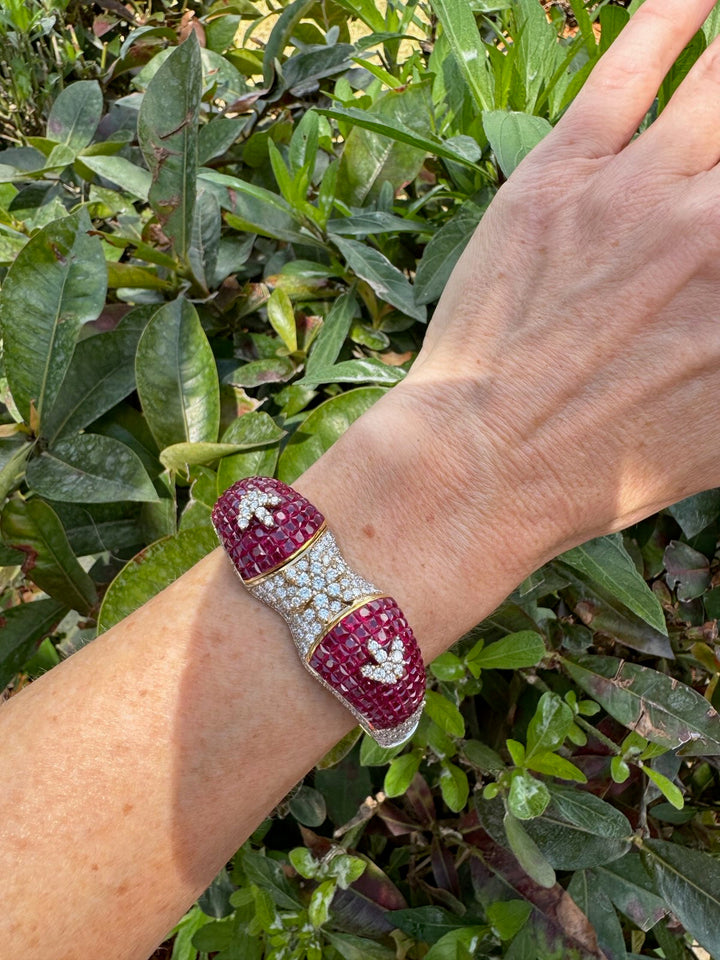 Italian French Cut Ruby and Pave Diamond 18Kt White & Yellow Gold Bangle