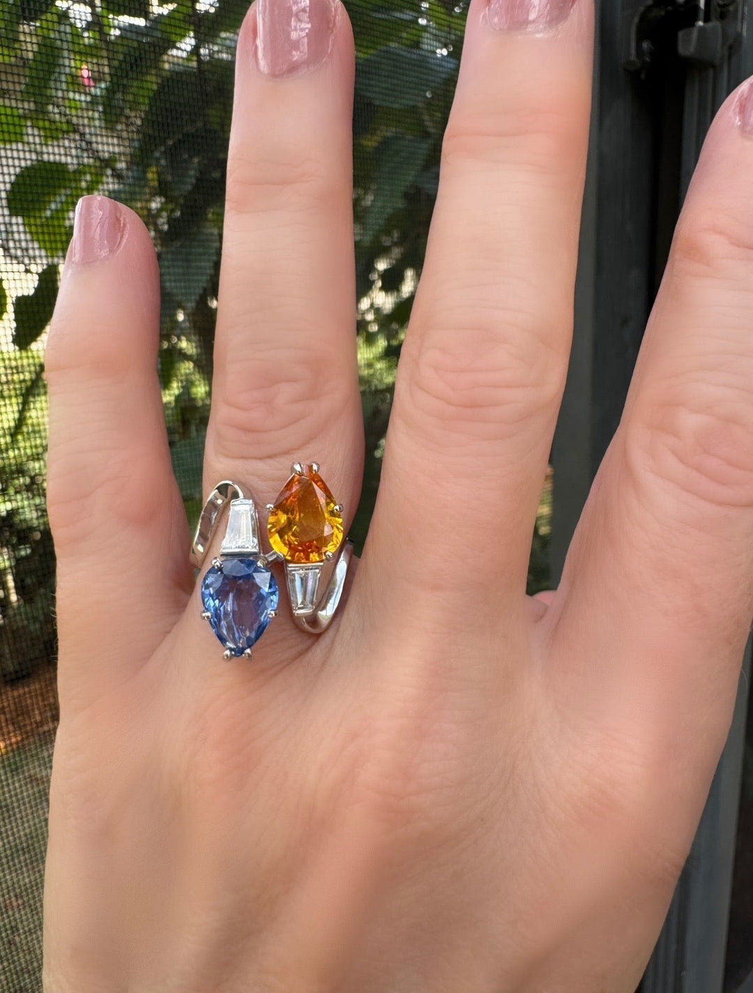 Modern Fine Blue and Yellow Sapphire, Diamond Platinum Bypass Ring