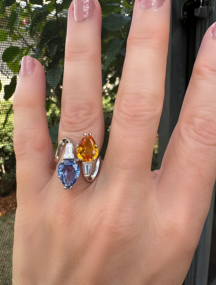 Modern Fine Blue and Yellow Sapphire, Diamond Platinum Bypass Ring