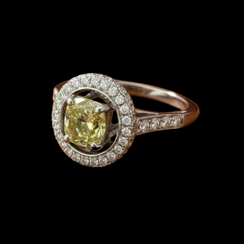 Estate 1.31 ct Natural Fancy Brownish Greenish Yellow (GIA) Diamond 14K White Gold Ring 14740