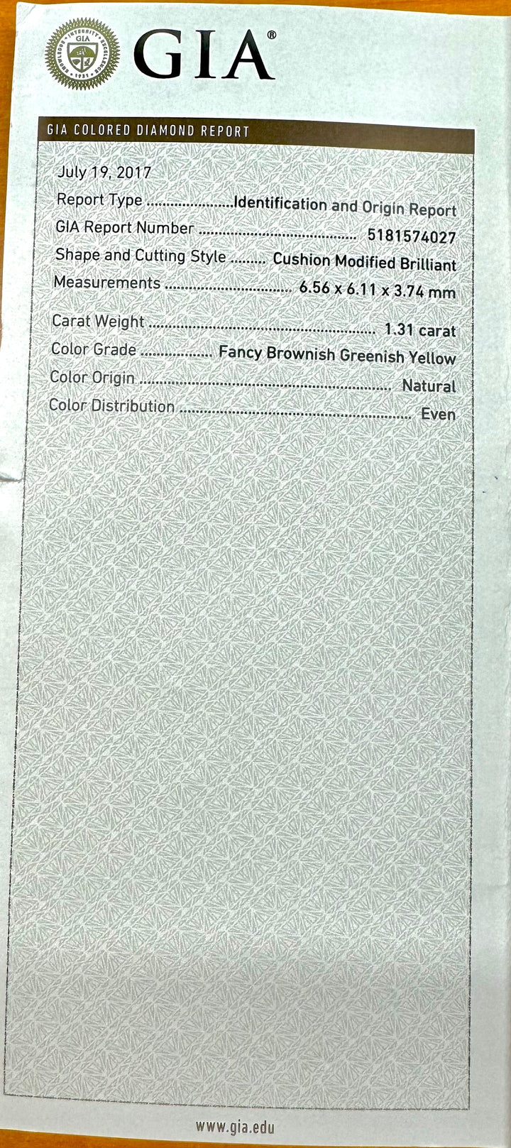 Estate 1.31 ct Natural Fancy Brownish Greenish Yellow (GIA) Diamond 14K White Gold Ring 14740