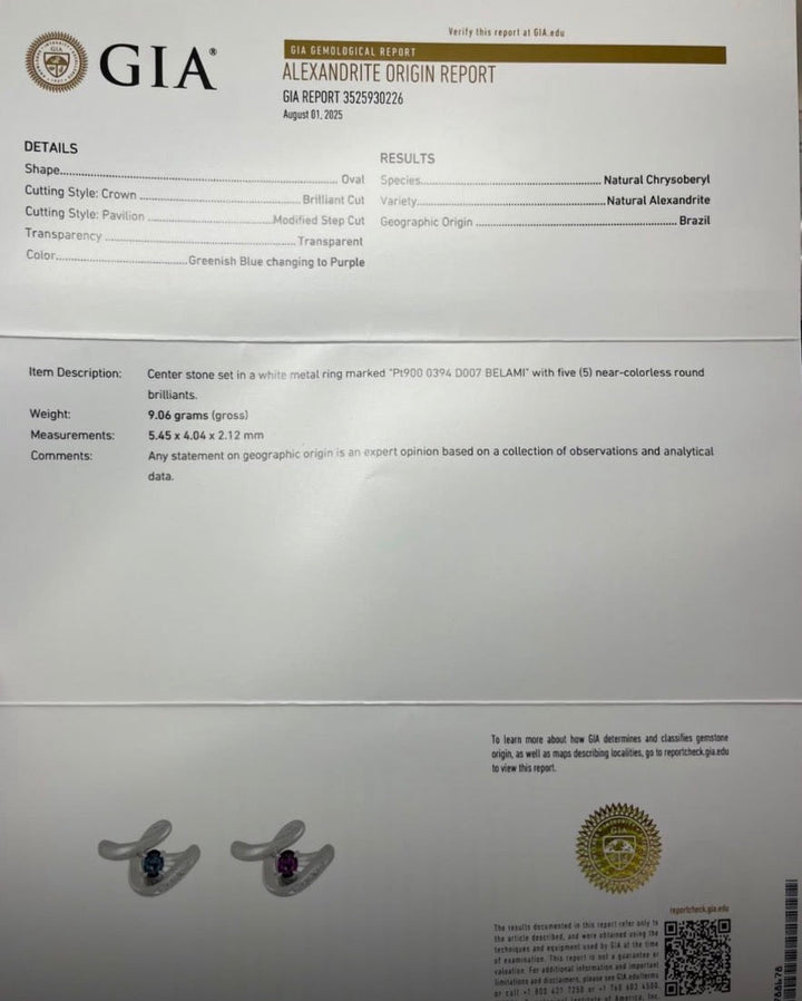 Estate Designer Belami Natural Color Change Brazilian Alexandrite & Diamond Platinum Ring (GIA Report)
