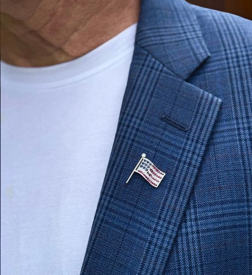 The Presidential  American Flag Diamond, Ruby, Sapphire Lapel Brooch 14K White Gold 15278