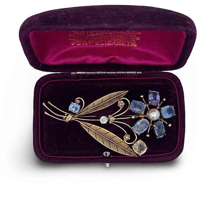 Estate Circa 1930 Tiffany & Co Blue and Yellow Sapphire, Diamond, Pearl Brooch