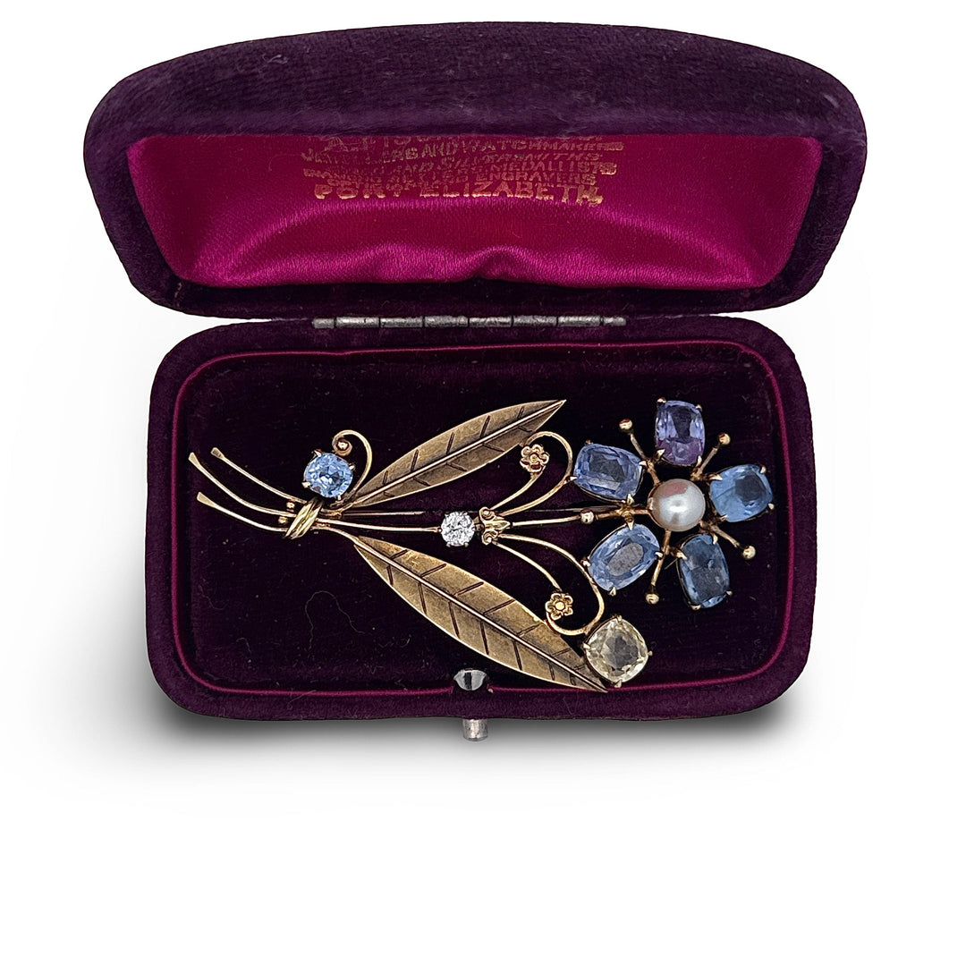 Estate Circa 1930 Tiffany & Co Blue and Yellow Sapphire, Diamond, Pearl Brooch