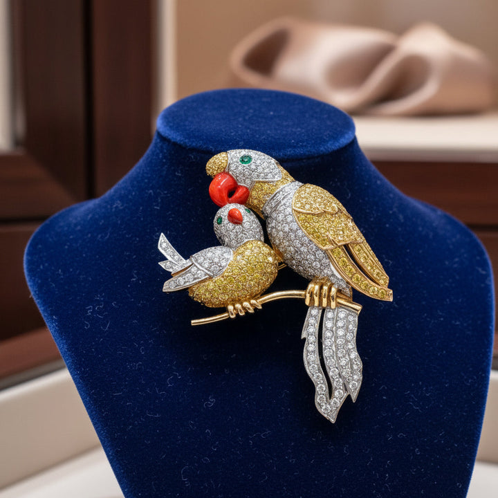 Birds On A Branch Diamond, Citrine, Emerald and Enamel 14Kt Yellow and White Gold Brooch