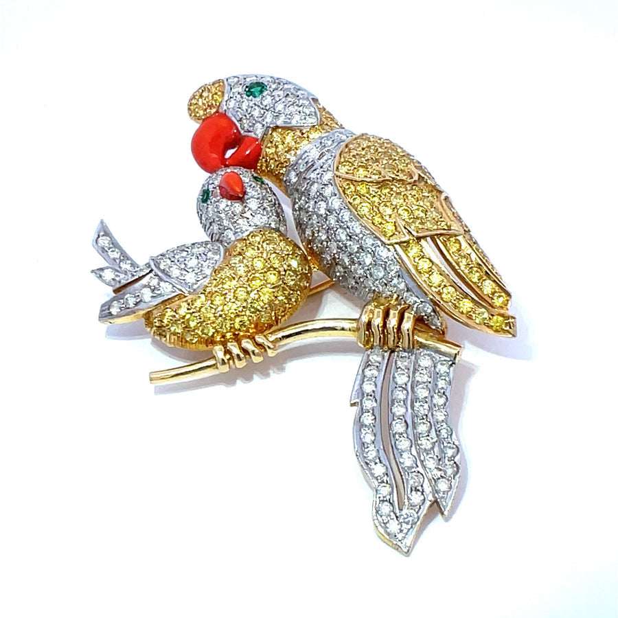 Birds On A Branch Diamond, Citrine, Emerald and Enamel 14Kt Yellow and White Gold Brooch