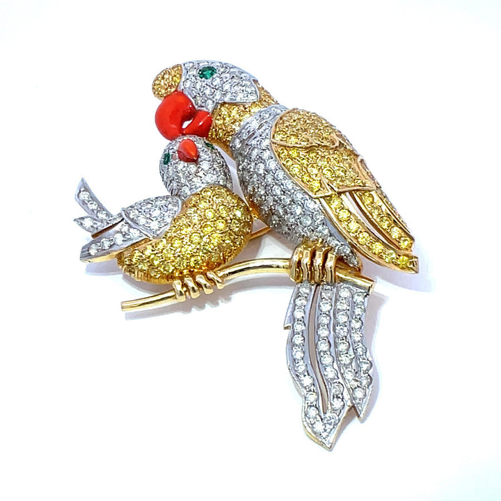 Birds On A Branch Diamond, Citrine, Emerald and Enamel 14Kt Yellow and White Gold Brooch