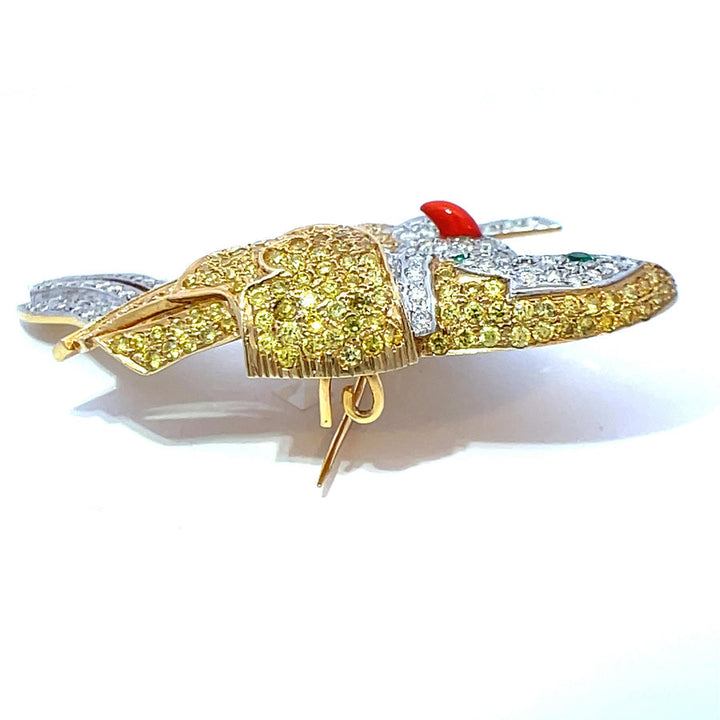 Birds On A Branch Diamond, Citrine, Emerald and Enamel 14Kt Yellow and White Gold Brooch
