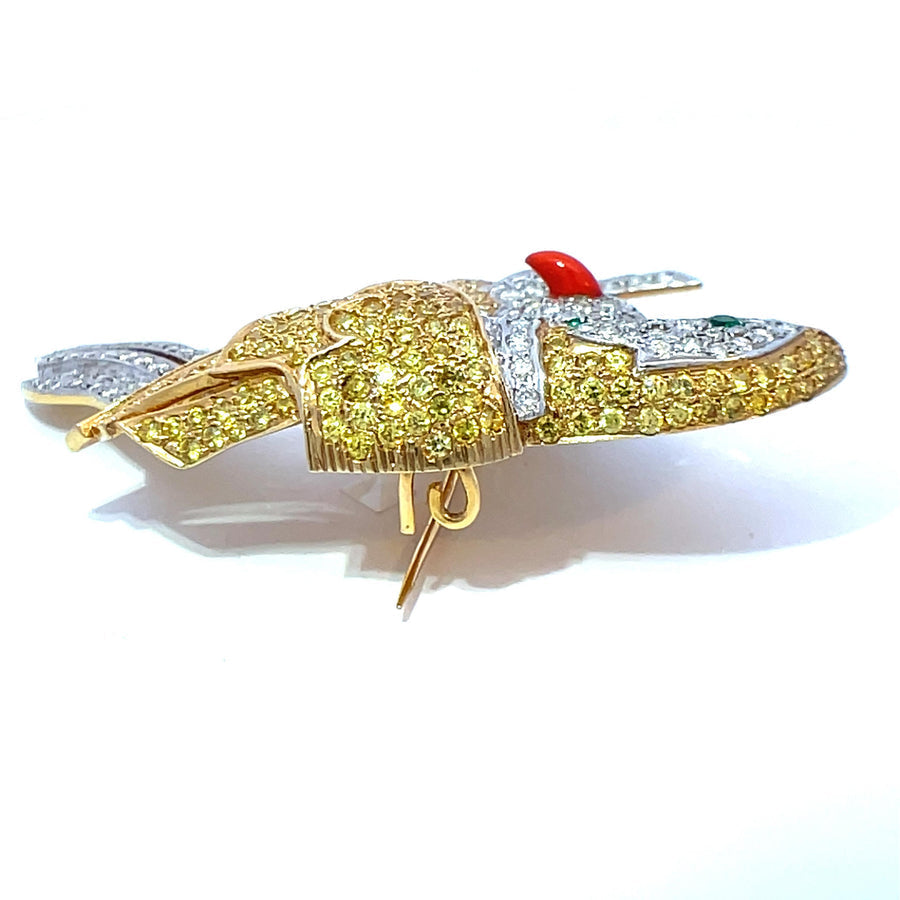 Birds On A Branch Diamond, Citrine, Emerald and Enamel 14Kt Yellow and White Gold Brooch