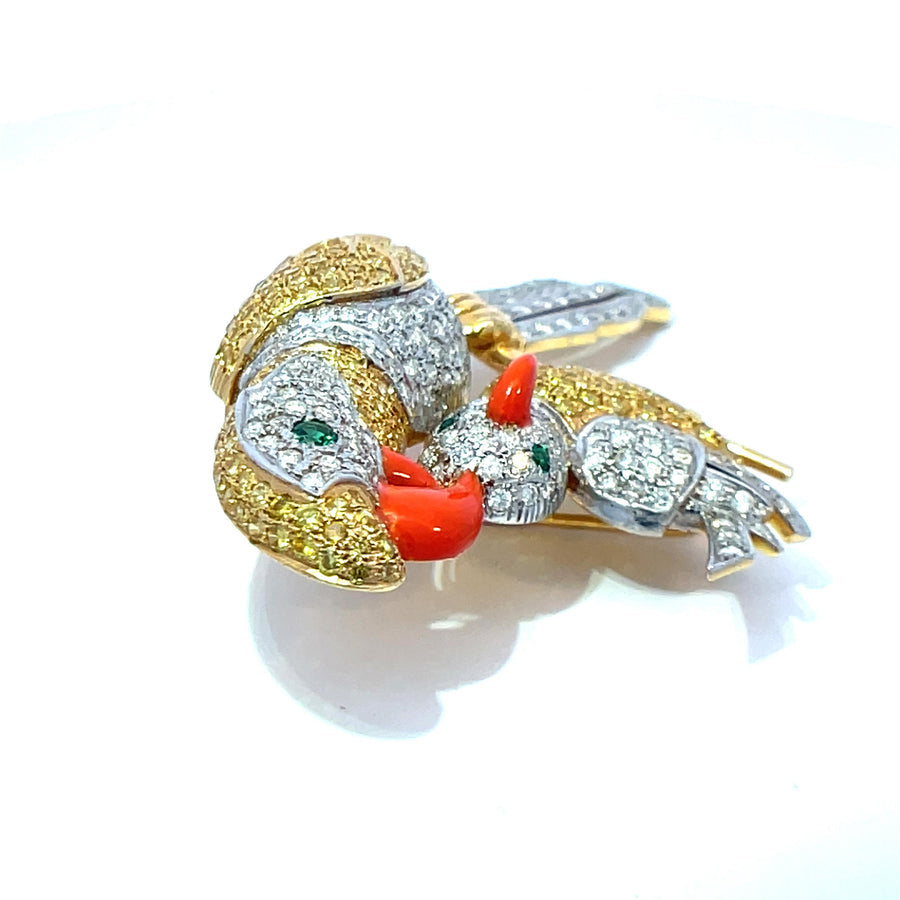 Birds On A Branch Diamond, Citrine, Emerald and Enamel 14Kt Yellow and White Gold Brooch