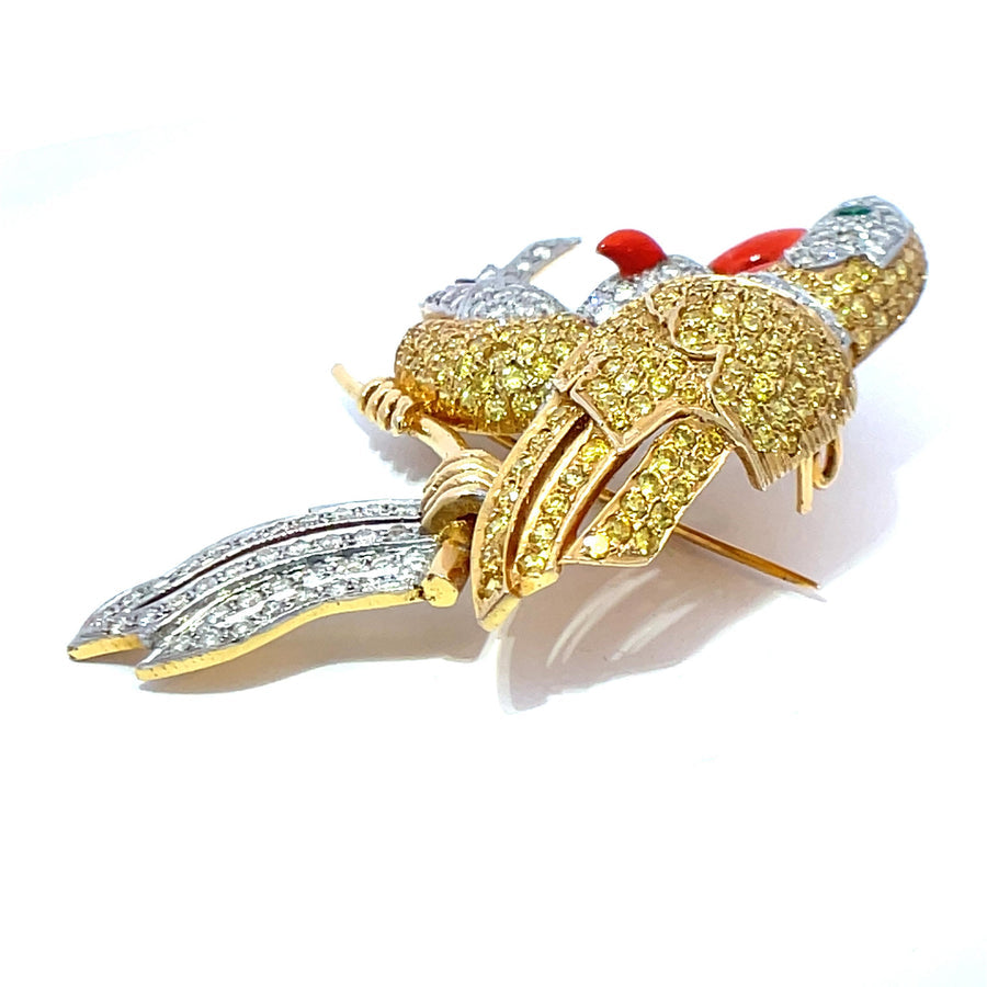 Birds On A Branch Diamond, Citrine, Emerald and Enamel 14Kt Yellow and White Gold Brooch