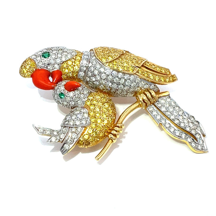 Birds On A Branch Diamond, Citrine, Emerald and Enamel 14Kt Yellow and White Gold Brooch