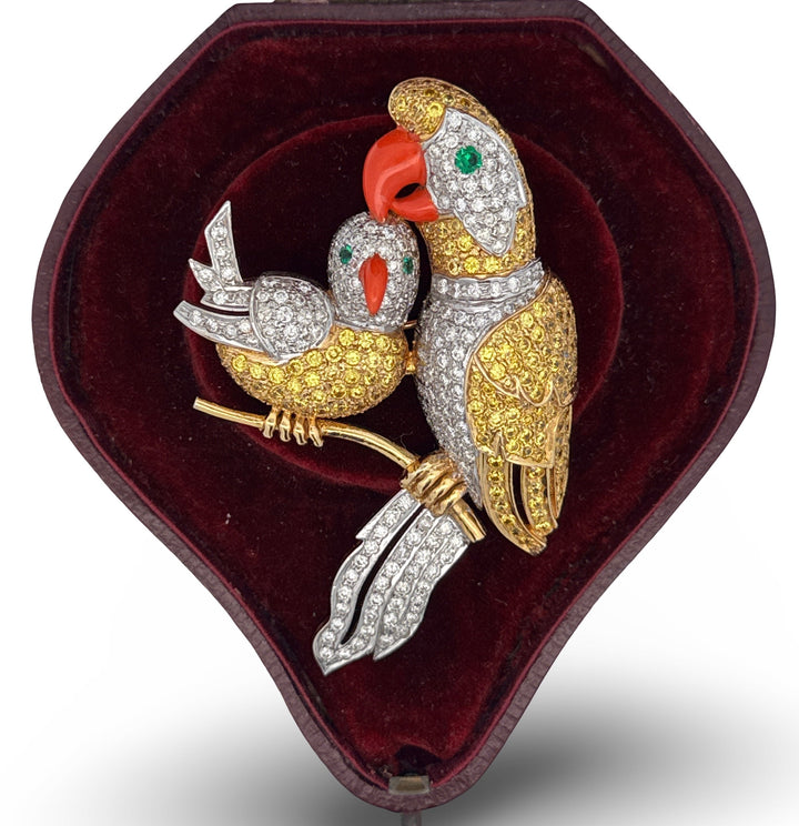 Birds On A Branch Diamond, Citrine, Emerald and Enamel 14Kt Yellow and White Gold Brooch