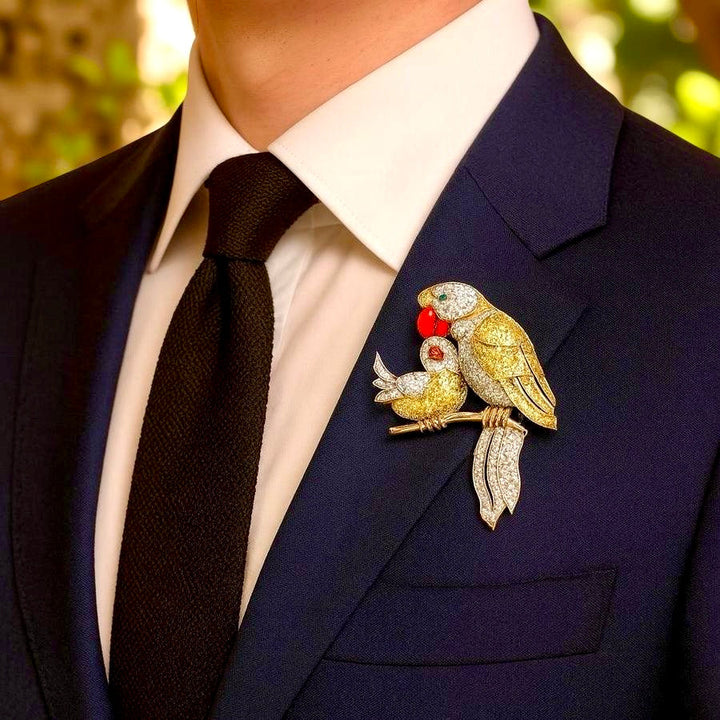 Birds On A Branch Diamond, Citrine, Emerald and Enamel 14Kt Yellow and White Gold Brooch