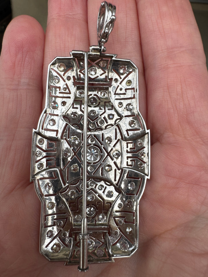 Art Deco Platinum Diamond Brooch Pendant | 2.75 CTW Old Cut Diamonds | Greek Key Design | Circa 1925