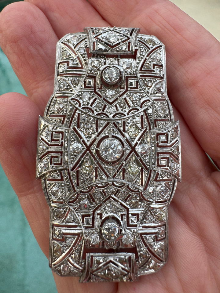Art Deco Platinum Diamond Brooch Pendant | 2.75 CTW Old Cut Diamonds | Greek Key Design | Circa 1925